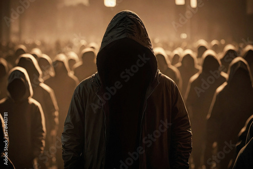 Hooded man. Crowd of people on the street. Realistic wallpaper. Generative ai