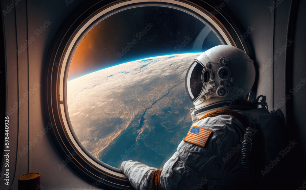 Astronaut inside a spaceship station looking down to the earth outside the window. Contemplation of the planet and overview effect. Generative AI.