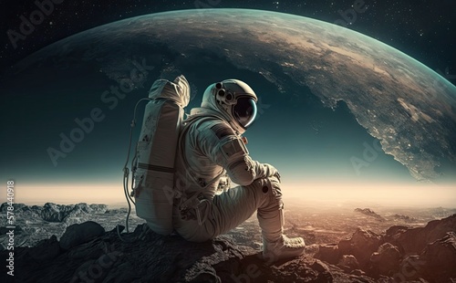 Lonely astronaut sitting on the moon and reflecting while looking down to the Earth and the Universe. 