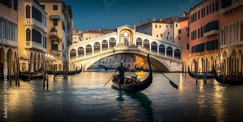 A beautiful and romantic gondola ride near Rialto Bridge in Venice, Italy view. Generative AI.