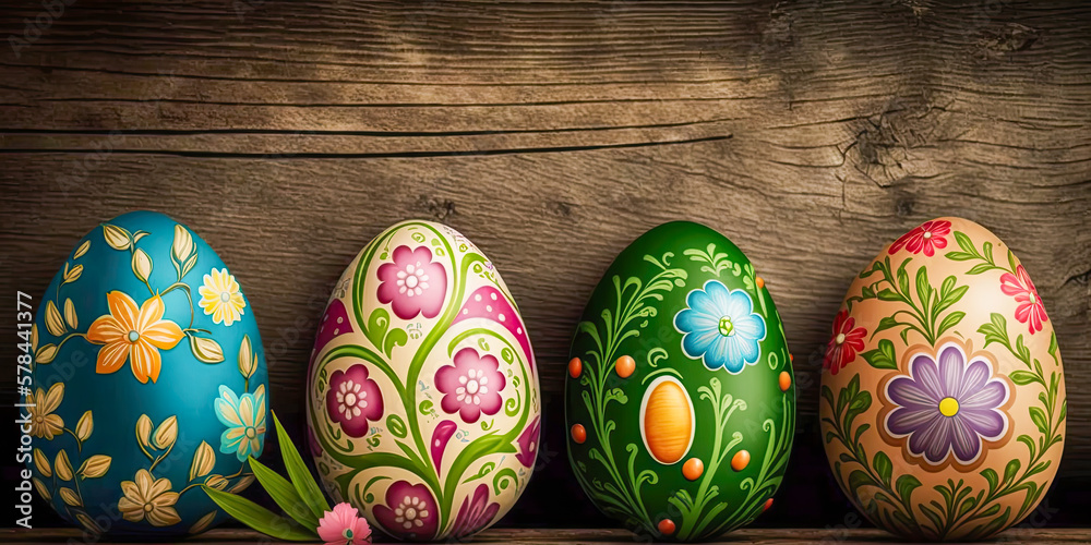 Easter eggs on wooden background illustration - Generative AI