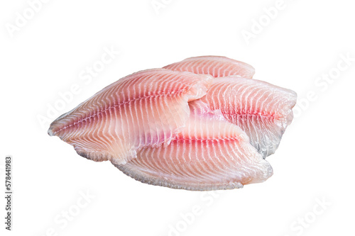 Fresh tilapia white fish fillet in a wooden tray. Isolated, transparent background