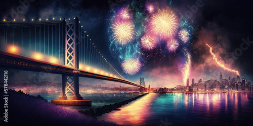 Fireworks New Year in San Francisco, California, USA - Generative AI