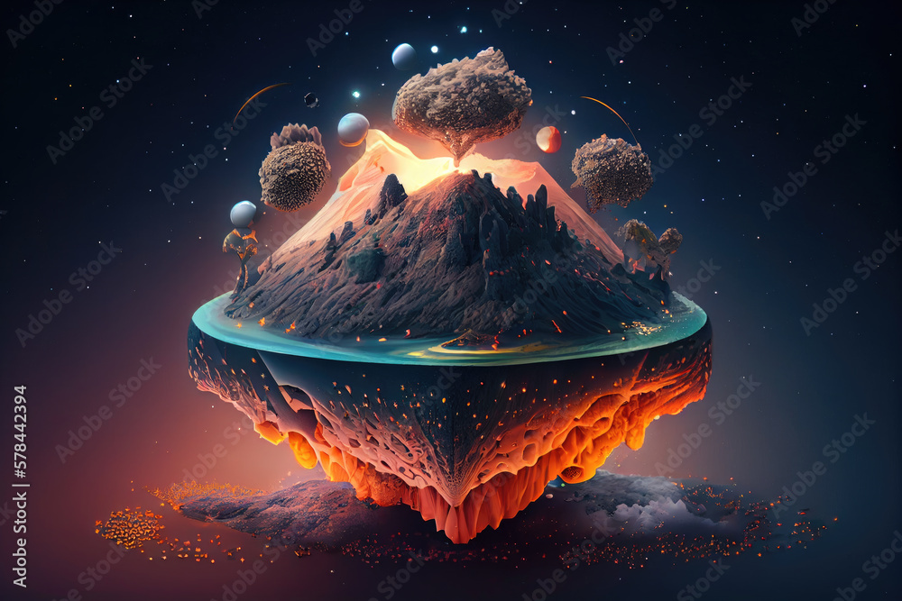 Generative AI Island floating in the night sky, mountains and trees ...
