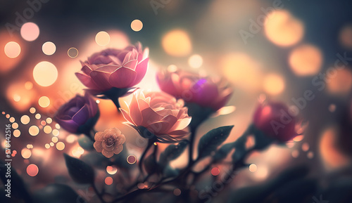 festive background with flowers and bokeh. Generative AI 