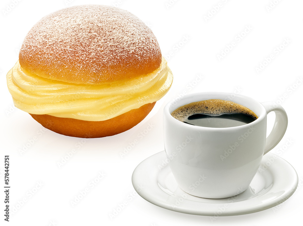 sonho doce recheado com creme de baunilha e xícara de café expresso isolados em fundo transparente sonho doce recheado com creme de baunilha e xícara de café expresso isolados em fundo transparente