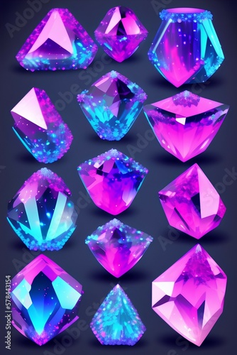 Colorful glowing crystals set. Jewels treasure diamonds on black background. Pink and blue colors - generative ai