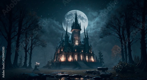 Creepy gothic old house, castle against the background of the night sky and the moon. Generative AI technology.