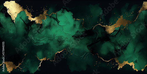 Green watercolor texture with golden paint, abstract grunge background, created with Generative AI technology