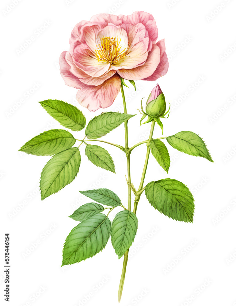 Cinnamon rose botanical illustration isolated on white background. Generative AI detailed watercolor illustration