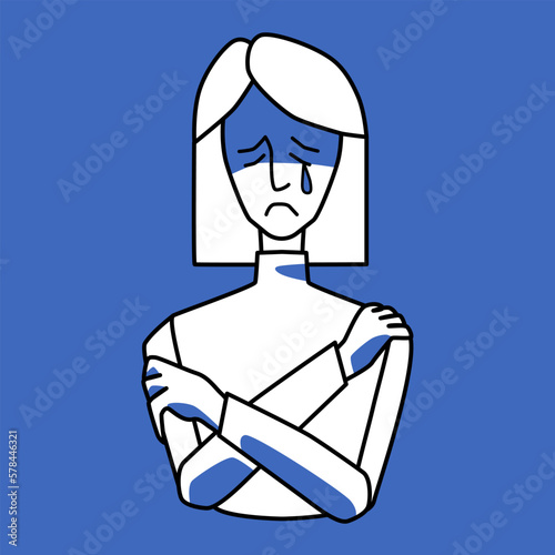 Sad woman, emotion of sorrow, blue and white.