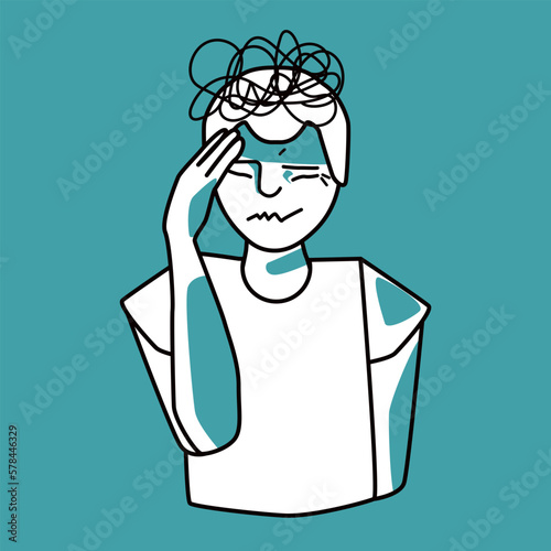 Stressed boy, emotion of anxiety, mint and white.