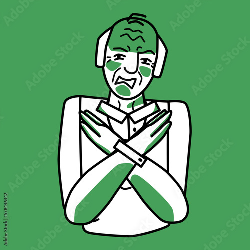 Elderly man with emotion of disgust, green and white.