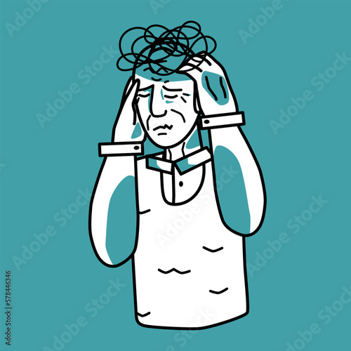 Stressed grandfather, emotion of anxiety, mint and white.