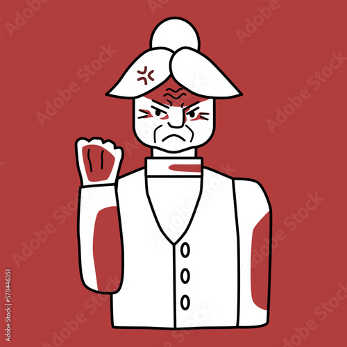 Angry old woman with emotion of rage, red and white.