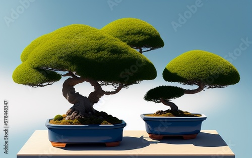 two bonsai arbles each in its pot, blue on a white table, background white with blue