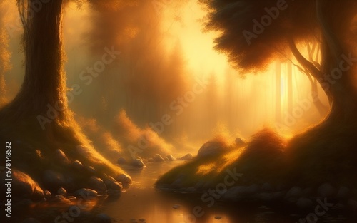 beautiful leafy forest illuminated with sunset, stream around it a lot of rocks and plants