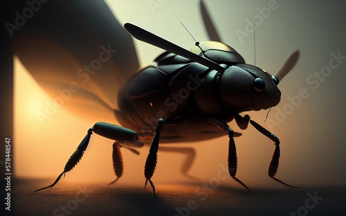 close-up, robot beetle, black in color, on the ground, hazy background
