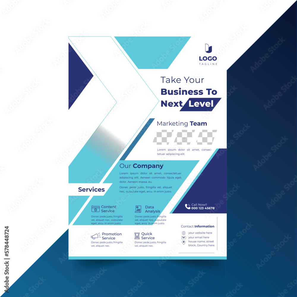 Stylish Business Flyer Design In Gradient Blue Cyan Theme On White Background And Abstract Shapes. Stylish Business Flyer Design In Gradient Blue Cyan Theme On White Background And Abstract Shapes.