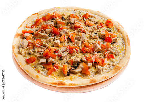 Appetizing pizza on the board on the side view on a transparent background. The background is cut out.