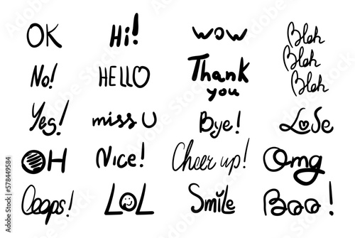 Set of hand drawn dialog words. Doodle short phrases, speech messages. Ok, lol, love, hello, thank you, oops, wow. Vector illustration isolated on white background