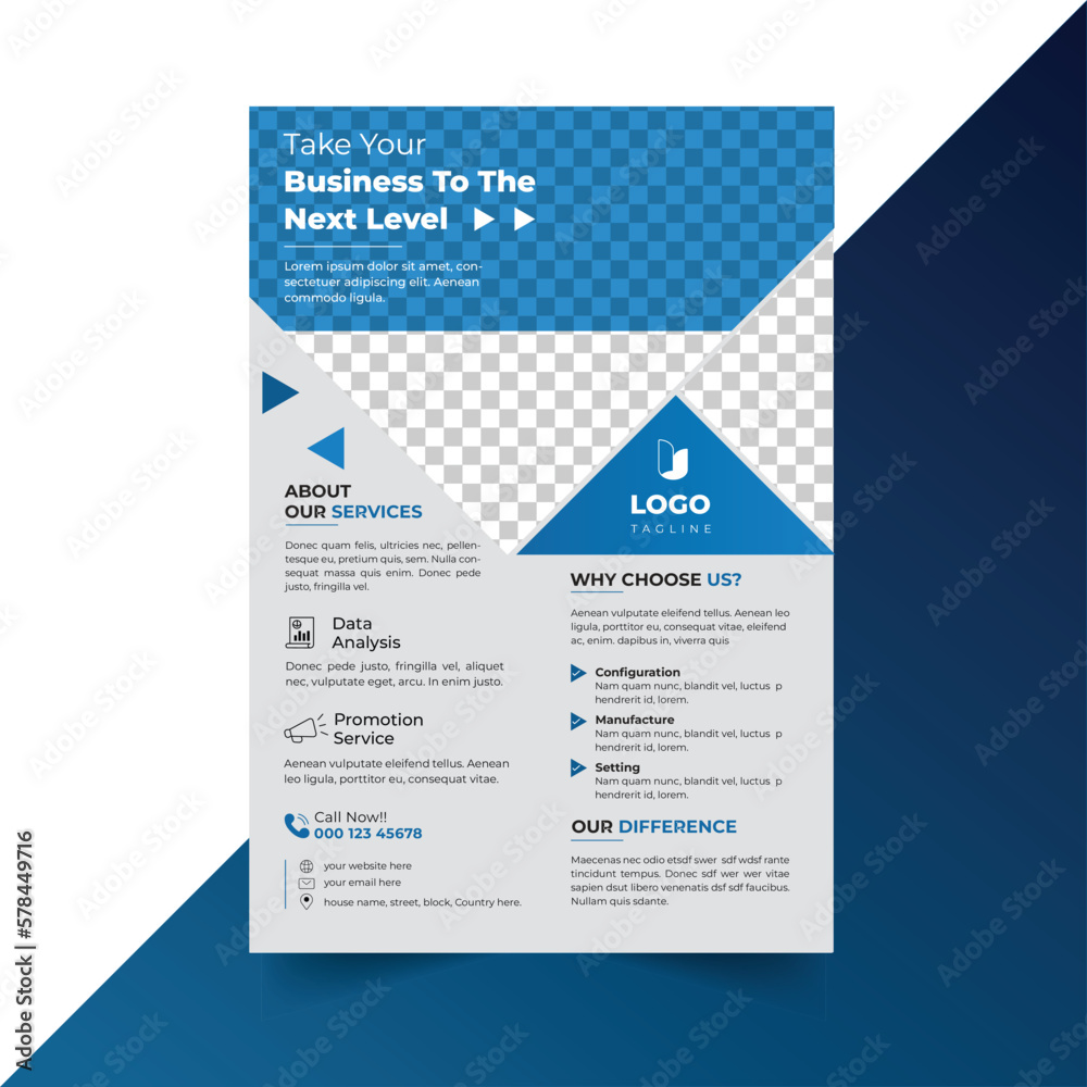 Business Flyer In Mosaic Style In Blue Theme For Digital Marketing Promotion.