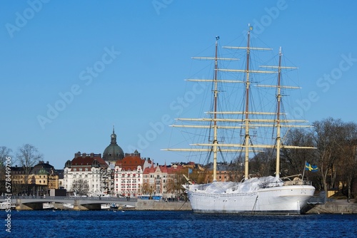 The sailing ship is moored on the west shore of the islet Skeppsholmen in central Stockholm, Sweden,