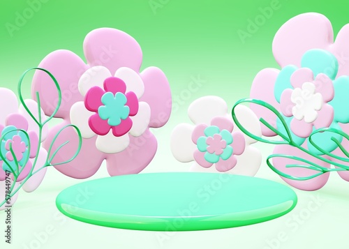 Easter flower blossom 3d render background with stage for product commercial. Green stage backdrop