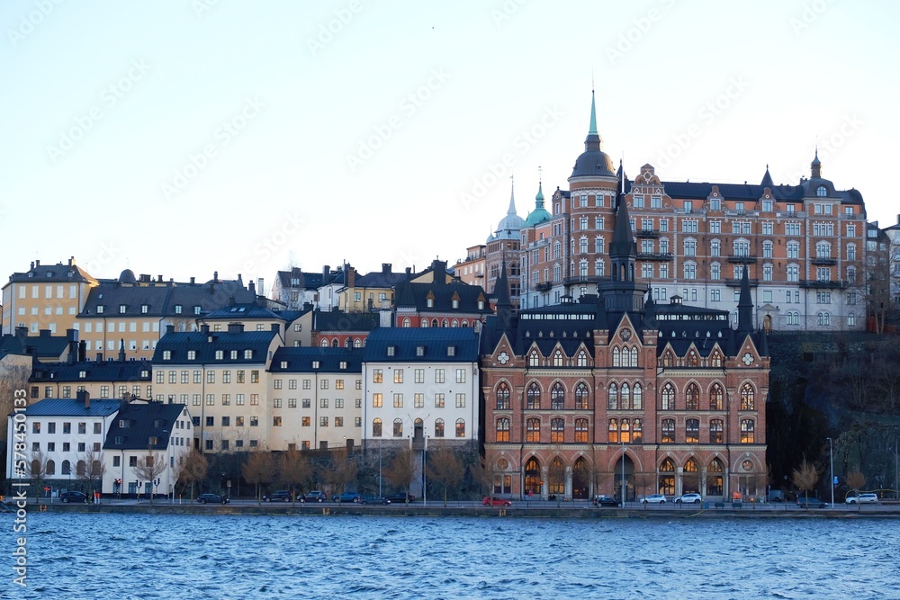 Stockholm waterfront view towards Sodermalm district with historic Mariahissen building and Monteliusvagen, Sweden, Scandinavia