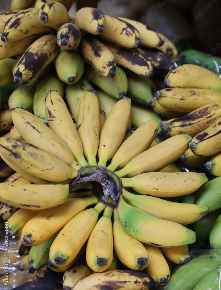 Dominican tiny bananas, different degrees of maturation, at mexican market stall Dominican tiny bananas, different degrees of maturation, at mexican market stall