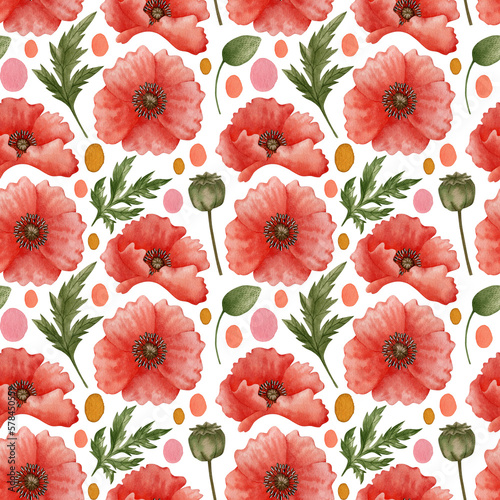 Watercolor seamless pattern with red poppy flowers a white background.