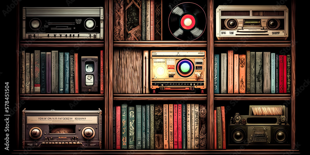 Fototapeta premium An old-fashioned cassette tape encircled by a vibrant pink, teal and yellow abstract pattern, sits atop a vintage-style wallpaper background - generative ai.