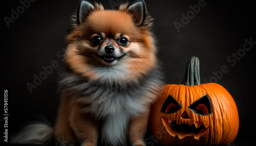 Adorable Pomeranian dog posing with a Halloween pumpkin © artefacti