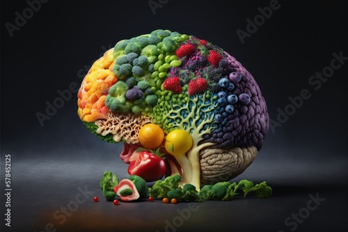 Nutritionist for a healthy brain made by fruits and vegetables, cérebro de frutas e legumes, GENERATIVE AI © nishihata
