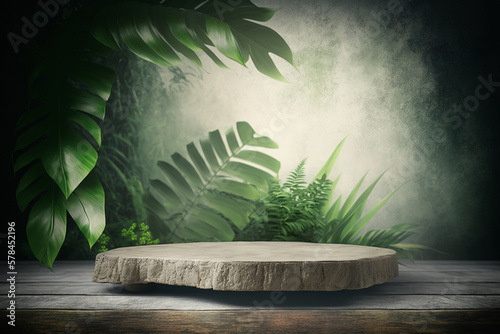 Zen spa product background with tropical plants created with ai generative tools