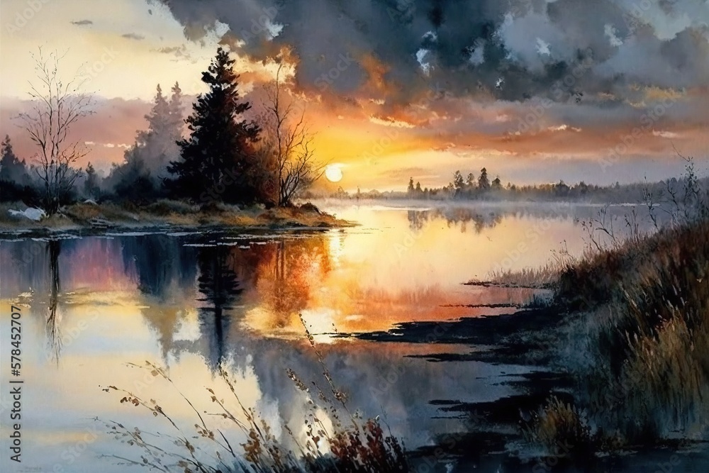 Fototapeta premium Beautiful sunset or sunrise illustration digital art design, generative ai