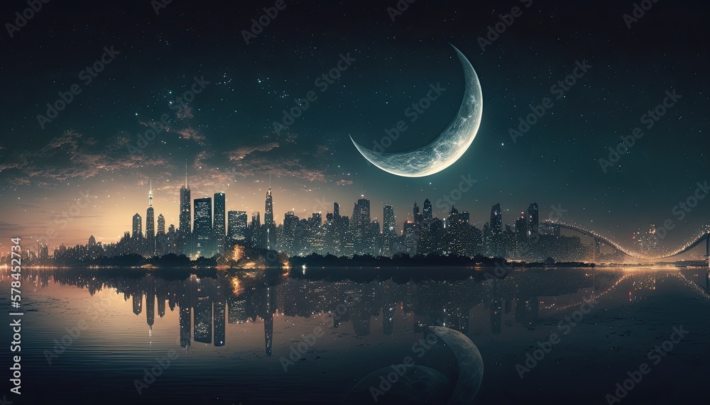 Captivating Nighttime Cityscape with Crescent Moon and River Reflection - obrazy, fototapety, plakaty 