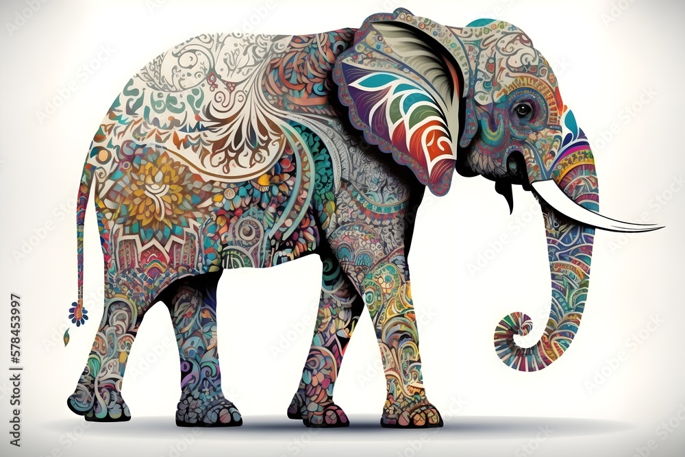 Obraz premium Wallpaper Illustration and background of a beautiful elephant, realistic. Side view. Concept of strength, imposing and grandeur, wild world. Generative AI.