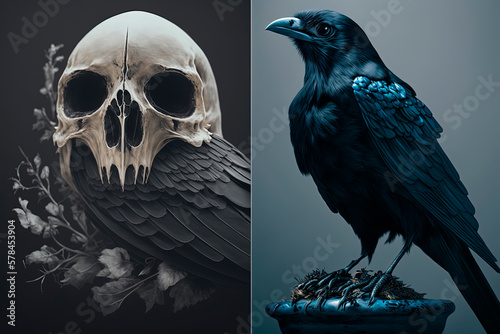 A black bird sitting on top of a skull. Crow. Death. Generative AI