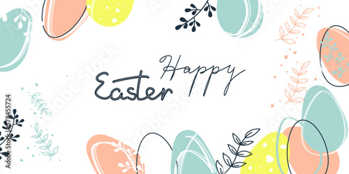 Happy Easter horizontal greeting banner with handwriting lettering and hand drawn eggs in doodle style . Vector illustration