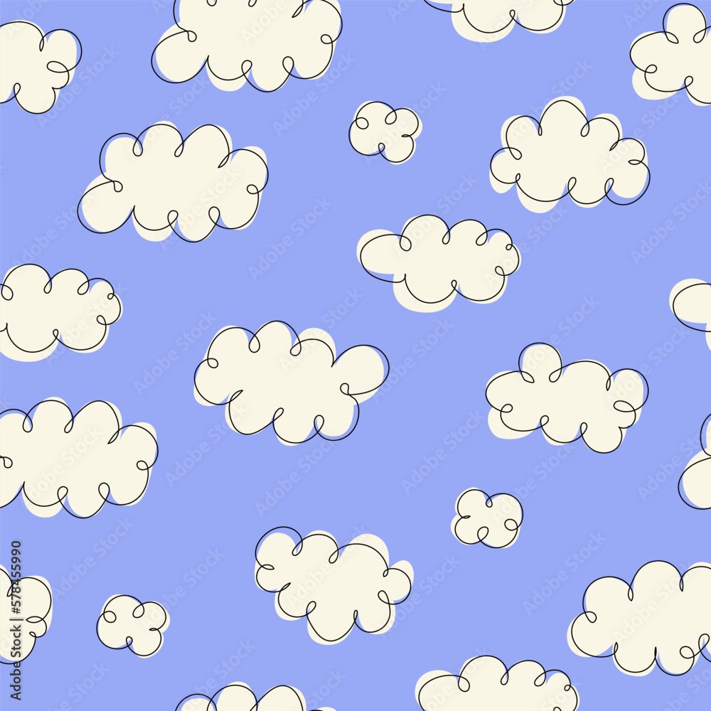 Cute cartoon clouds seamless pattern. Vector simple contour illustration
