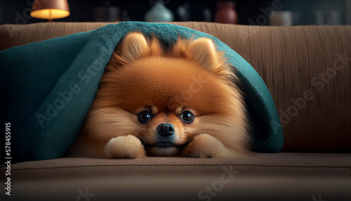 Cozy Pomeranian Pup Taking a Relaxing Couch Nap