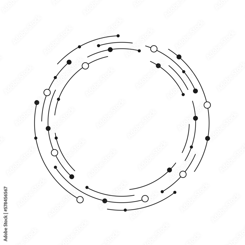 Round frame of dashed circular lines and circles on a white background with copy space inside. Vector illustration - obrazy, fototapety, plakaty 