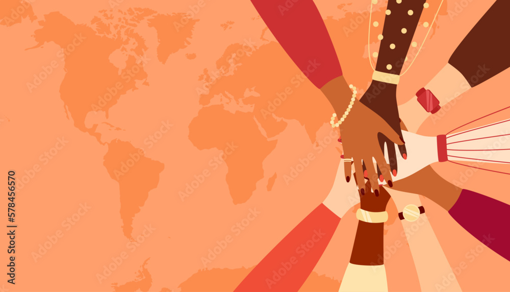 Obraz premium Hands of women of different ethnic groups making a gesture of unity on a world map background with copy space. Vector illustration in flat style