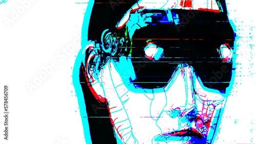 Portrait of a cyberpunk girl transforming into pixel and glitch animation. Noise video art.