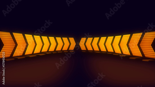 3d rendering led neon platform scene with arrows pointing to the centre of gradient orange colour. Space equipment concept