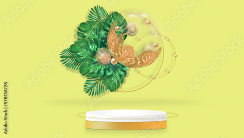 3D rendered fashion scena podium background with tropical leaves For product design or text and beauty presentation pink and metallic golden colours.