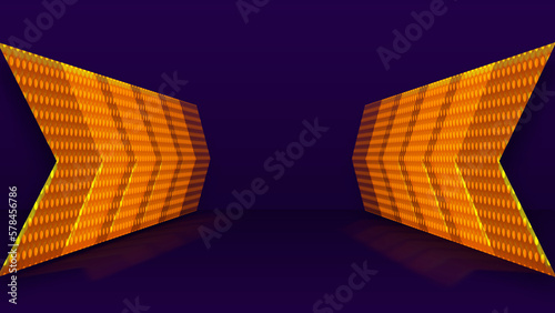 3d rendering led neon platform scene with arrows pointing to the center of gradient orange color. Space equipment concept