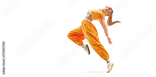 Realistic silhouette of a young hip-hop dancer, breake dancing woman isolated on white background.