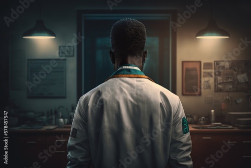Back view of black doctor in medical office, Generative AI